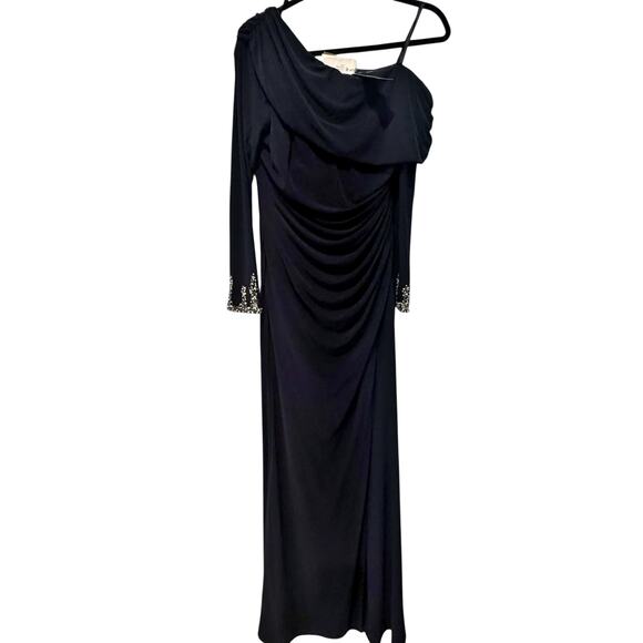 Betsy & Adam "Chrishell" Long Jersey Knit Off the Shoulder Gown Navy Size 8 NWT - Picture 7 of 13
